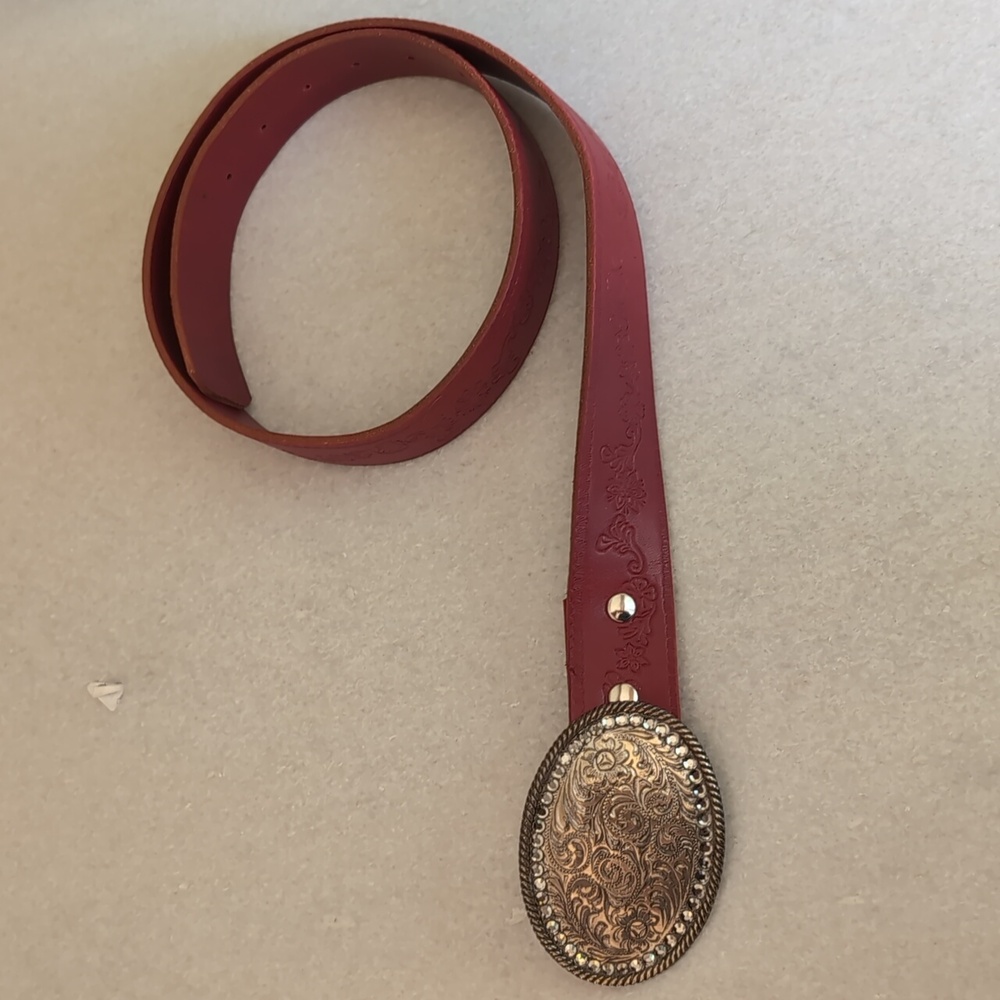 Vintage Red Leather Western Style Belt With Silver Buckle Ringed by Rhinestones